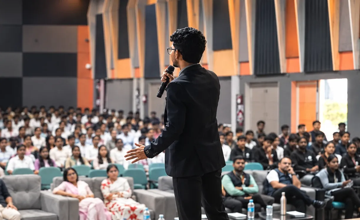 Yadnyesh Khotre speaking to a hall full of students